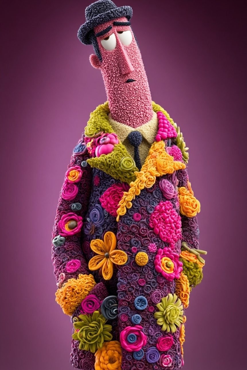 Florian Fiberbloom, a tall pink figure in a coat made of knitted flowers